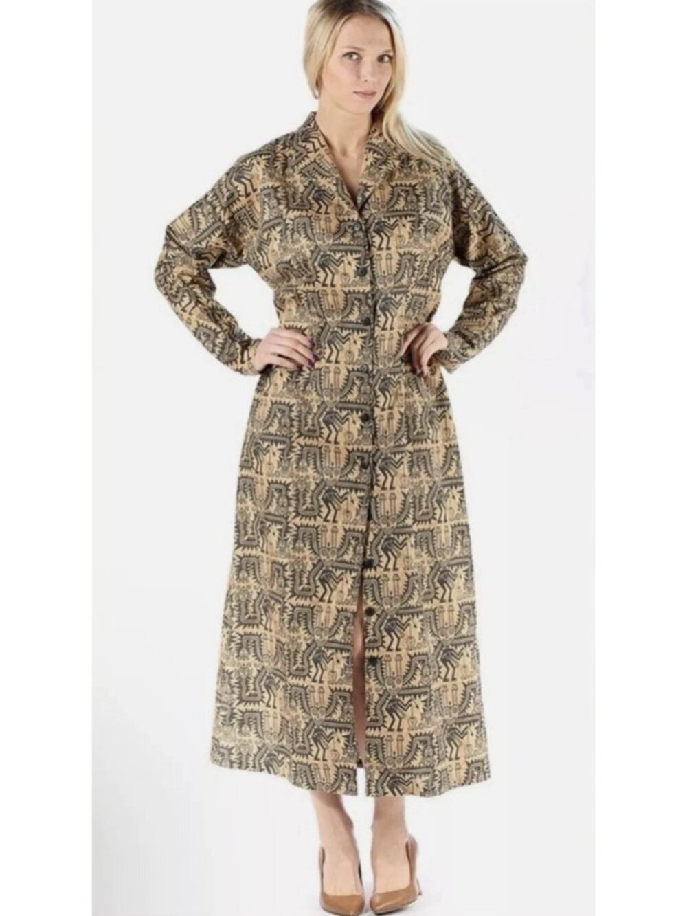 Peruvian Connection African Tribal Maxi Pima Cotton Shirt Dress Sz 6 Button Down